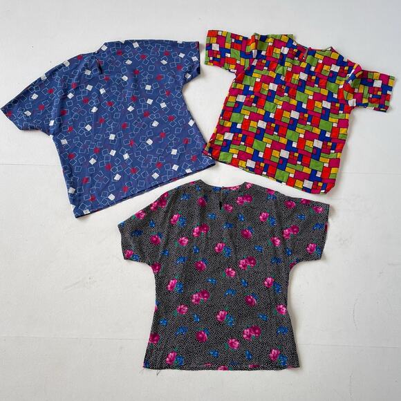 VINTAGE 80s Boxy Patterned Top Wholesale Bundle / 3 Pcs / Silk Lot Womens - Picture 2 of 9